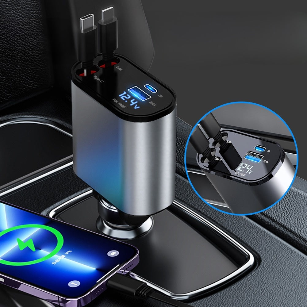 AdaptivCharge - Geri Çekilebilir Araç Şarj Kablosu ve Çakmak Adaptörü (Lightning-Type-C)