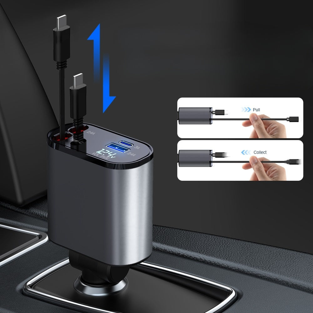 AdaptivCharge - Geri Çekilebilir Araç Şarj Kablosu ve Çakmak Adaptörü (Lightning-Type-C)