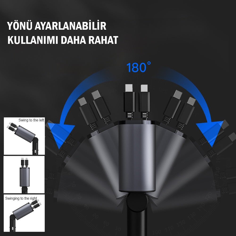AdaptivCharge - Geri Çekilebilir Araç Şarj Kablosu ve Çakmak Adaptörü (Lightning-Type-C)